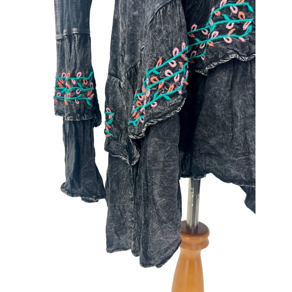 Black Acid Washed Embroidered Tiered Hem Tunic | Whimsigoth Boho Dark Academia M - Picture 4 of 11